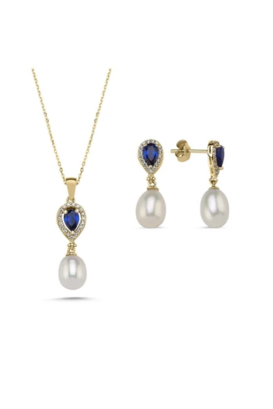 8,5 mm Damla Safir Doğal İnci Sallantı Küpe Kolye İkili Set