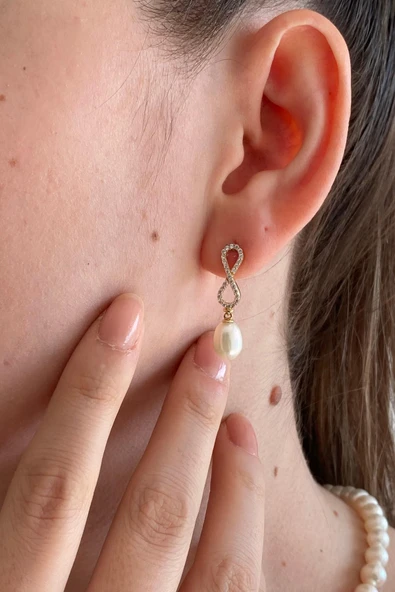 9,5 mm Sonsuzluk Taşlı Doğal İnci Sallantılı Küpe
