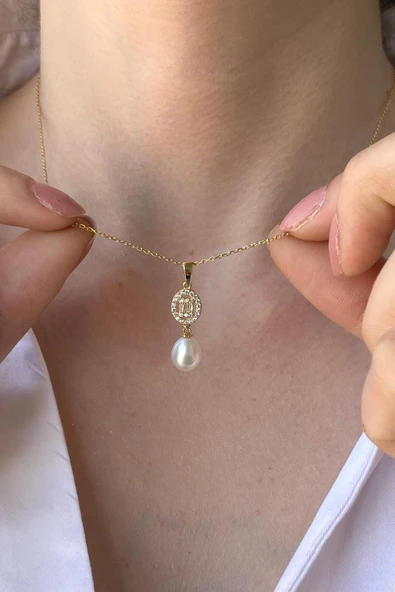 8,5 mm Oval Baget Taşlı Doğal İnci Kolye - 3