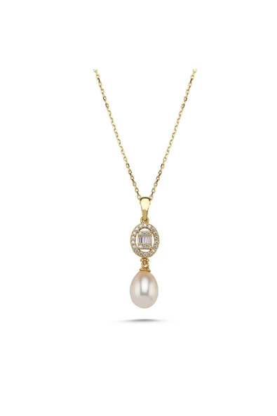 8,5 mm Oval Baget Taşlı Doğal İnci Kolye - 6