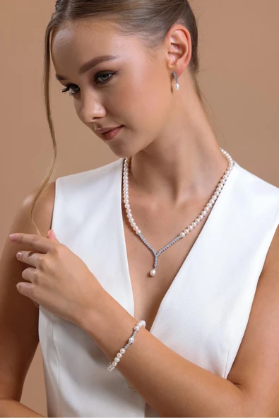 6,5 mm Suyolu Doğal İnci Küpe Kolye Bileklik Üçlü Set - 3