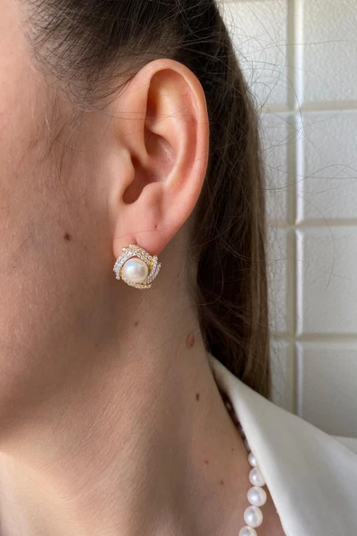 6,5 mm Rüzgar Gülü Doğal İnci Küpe - 2