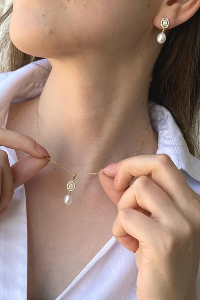 8,5 mm Oval Baget Taşlı Doğal İnci Sallantı Küpe Kolye İkili Set - 2