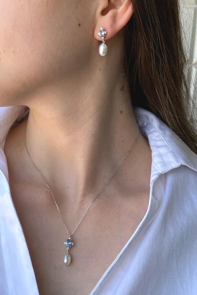 9,5 mm Mavi Renk Taşlı Doğal İnci Sallantı Küpe Kolye İkili Set - 5