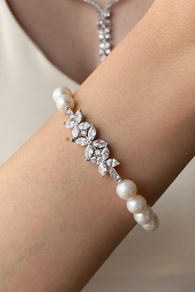 7,5 mm Çiçek Tasarımlı Zirkon Taşlı Doğal İnci Kadın Bileklik - Resim 2