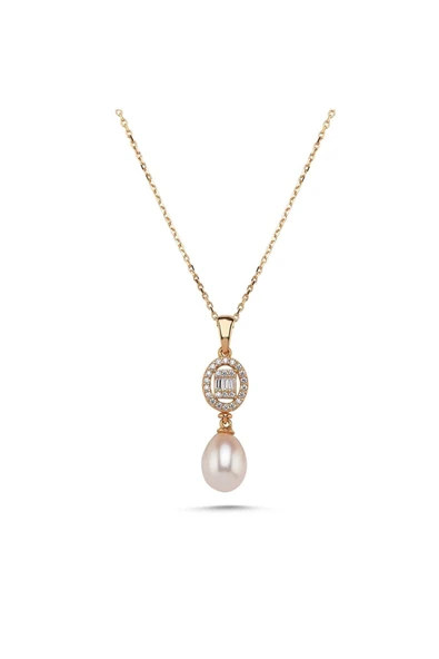 8,5 mm Oval Baget Taşlı Doğal İnci Kolye - 7
