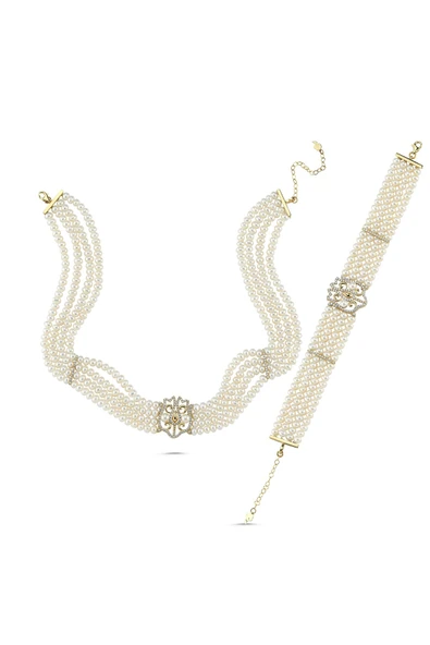 4,5 mm Lale Motif Dört Sıralı Doğal İnci Kolye Bileklik İkili Set - 3