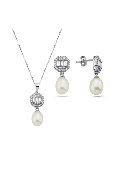 9,5 mm Baget Sekizgen Doğal İncili Sallantı Küpe Kolye İkili Set - 5