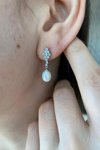 6,5 mm Taşlı Doğal İnci Küpe Kolye Bileklik Üçlü Set - 5