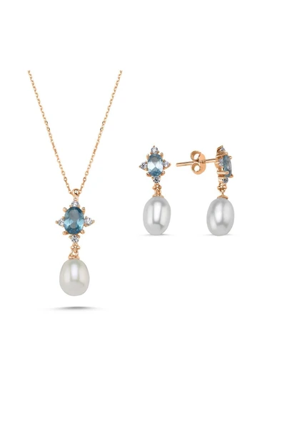 9,5 mm Mavi Renk Taşlı Doğal İnci Sallantı Küpe Kolye İkili Set - 4