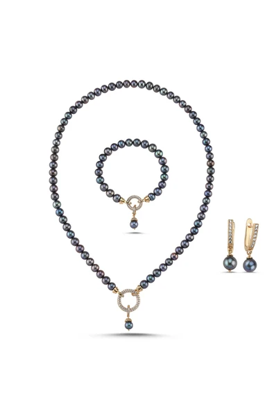 Halka Kilitli Siyah Doğal İnci Kolye Bileklik Küpe Üçlü Set - 3