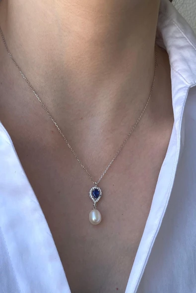 8,5 mm Damla Safir Doğal İnci Sallantı Küpe Kolye İkili Set - 4