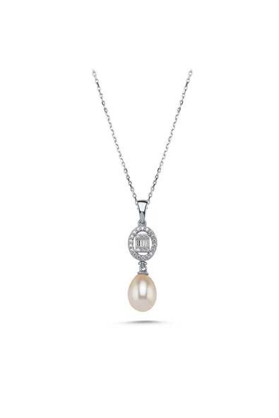 8,5 mm Oval Baget Taşlı Doğal İnci Kolye - 8