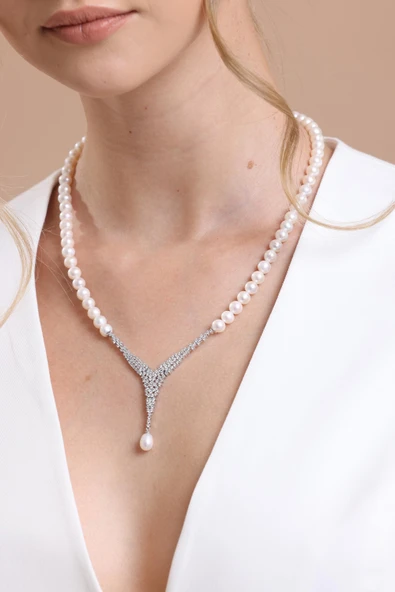 6,5 mm Kadın Doğal İnci Kolye Bileklik İkili Set - 2