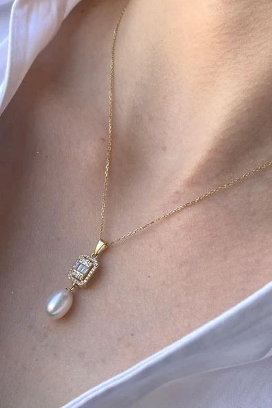 8,5 mm Baget Taş Doğal İncili Sallantı Kolye ürün görseli 1