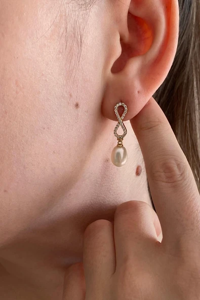 9,5 mm Sonsuzluk Taşlı Doğal İnci Sallantılı Küpe - 3