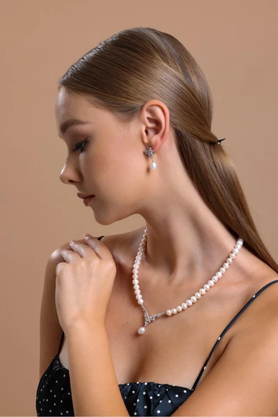 6,5 mm Zirkon Taşlı Doğal İnci Sallantılı Kolye - Resim 2