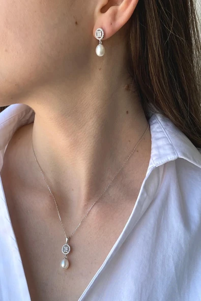 8,5 mm Oval Baget Taşlı Doğal İnci Sallantı Küpe Kolye İkili Set - 7