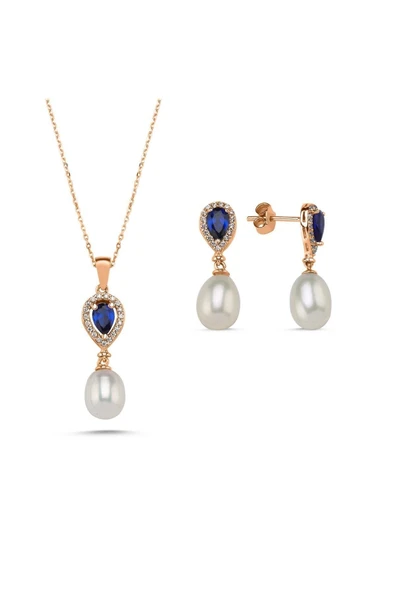 8,5 mm Damla Safir Doğal İnci Sallantı Küpe Kolye İkili Set - 2