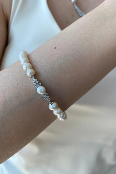 6,5 mm Taşlı Doğal İnci Küpe Kolye Bileklik Üçlü Set - 4
