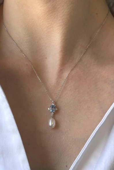 9,5 mm Mavi Renk Taşlı Doğal İnci Sallantı Küpe Kolye İkili Set