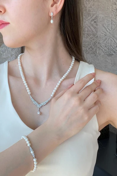 6,5 mm Taşlı Doğal İnci Küpe Kolye Bileklik Üçlü Set - 8
