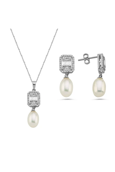 9,5 mm Baget Taş Doğal İnci Sallantı Küpe Kolye İkili Set - 10