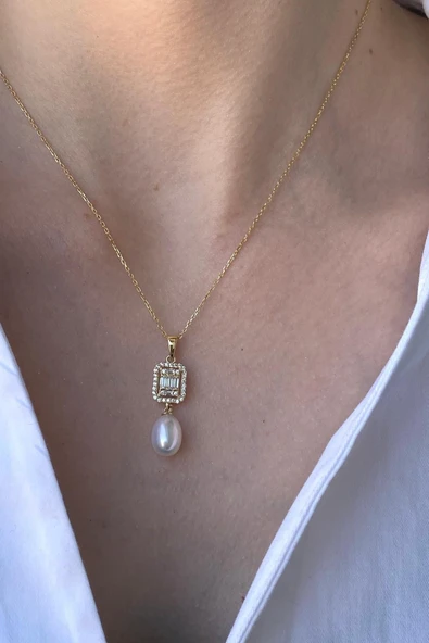 9,5 mm Baget Taş Doğal İnci Sallantı Küpe Kolye İkili Set - 3