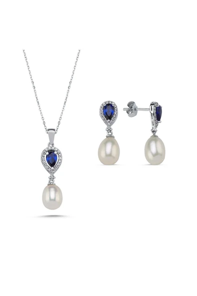 8,5 mm Damla Safir Doğal İnci Sallantı Küpe Kolye İkili Set - 9