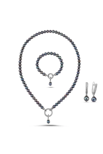 Halka Kilitli Siyah Doğal İnci Kolye Bileklik Küpe Üçlü Set - 2