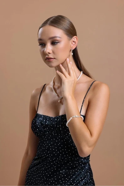 8,5 mm Yaprak Taşlı Doğal İnci Sallantılı Küpe - Resim 3