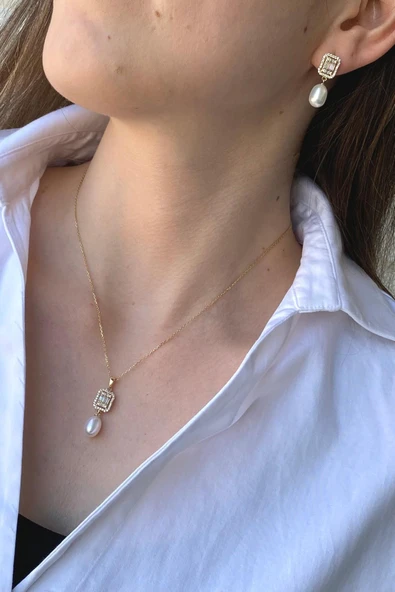 9,5 mm Baget Taş Doğal İnci Sallantı Küpe Kolye İkili Set