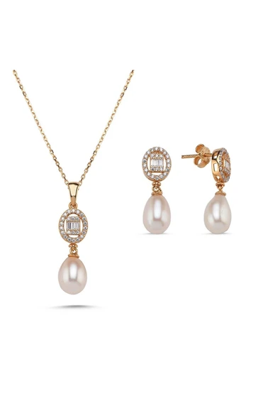 8,5 mm Oval Baget Taşlı Doğal İnci Sallantı Küpe Kolye İkili Set - 6