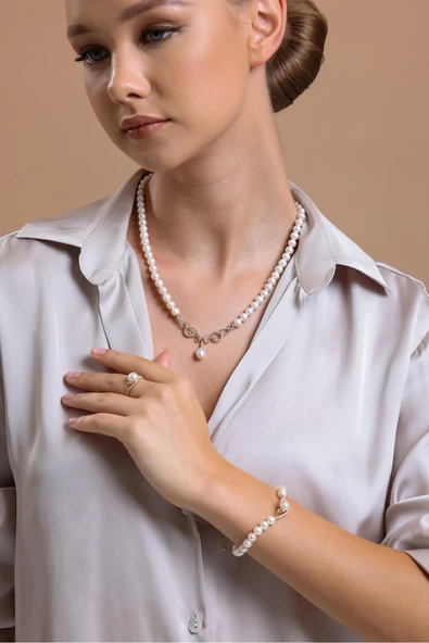 6,5 mm Zirkon Taşlı Doğal İnci Kolye - Resim 2