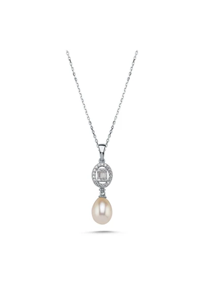 8,5 mm Oval Baget Taşlı Doğal İnci Kolye - 5