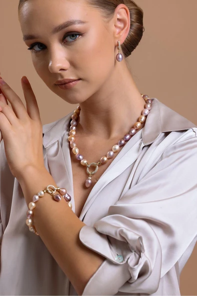 10,5 mm Halka Kilitli Multicolor Barok Doğal İnci Kolye Bileklik İkili Set - 3