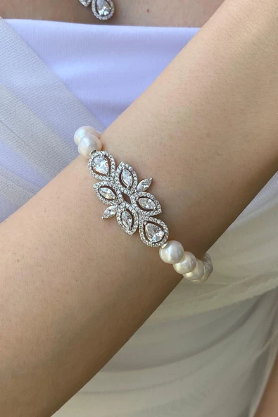 7,5 mm Yaprak Tasarımlı Zirkon Taşlı Doğal İnci Bileklik - Resim 2