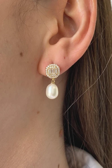 9,5 mm Baget Sekizgen Doğal İnci Sallantılı Küpe - Resim 2