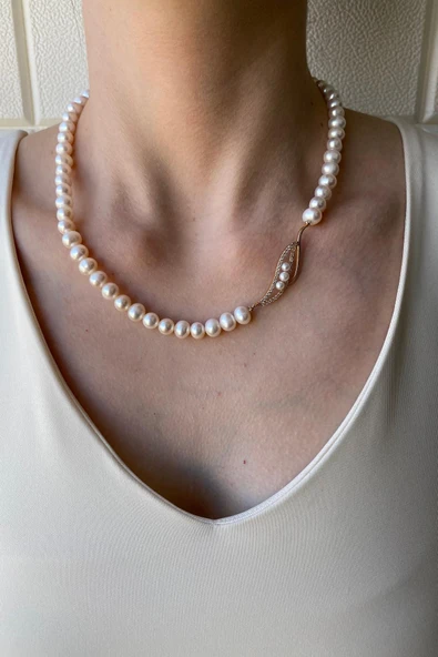 6,5 mm Yaprak Taşlı Doğal İnci Kolye Bileklik İkili Set - 2