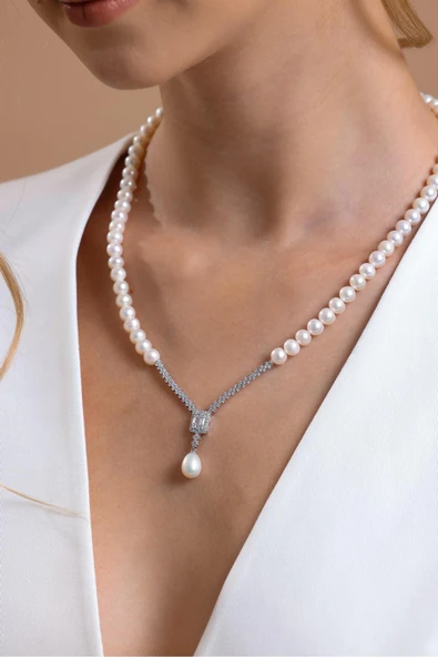 6,5 mm Baget Doğal İnci Sallantılı Kolye - Resim 3