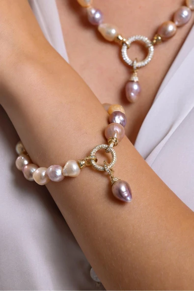 10,5 mm Halka Kilitli Multicolor Barok Doğal İnci Kolye Bileklik İkili Set