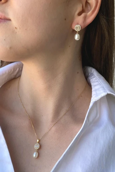 9,5 mm Baget Sekizgen Doğal İncili Sallantı Küpe Kolye İkili Set