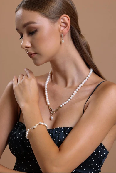 8,5 mm Zirkon Taşlı Doğal İnci Küpe - Resim 3