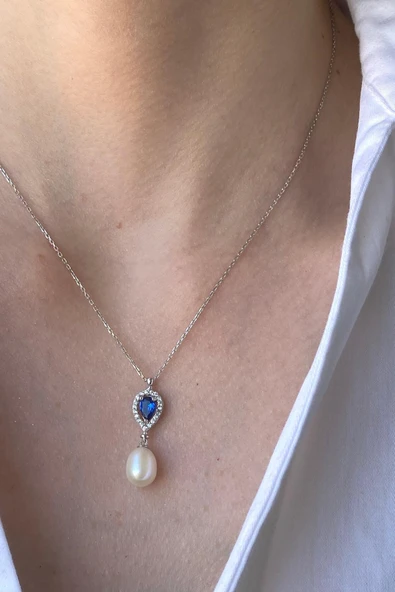 Kadın Damla Safir İnci Sallantı Kolye - Resim 7