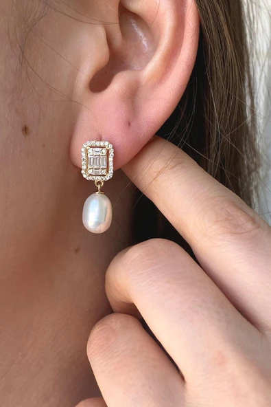 9,5 mm Baget Zirkon Taş Doğal İnci Sallantılı Küpe