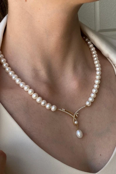 6,5 mm Yaprak Taşlı Doğal İnci Sallantılı Kolye - Resim 2