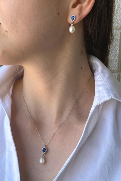 8,5 mm Damla Safir Doğal İnci Sallantı Küpe Kolye İkili Set - 3