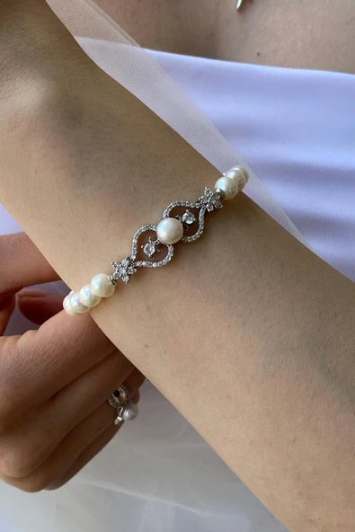 Çiçek Desenli Doğal İnci Kadın Bileklik ürün görseli 1