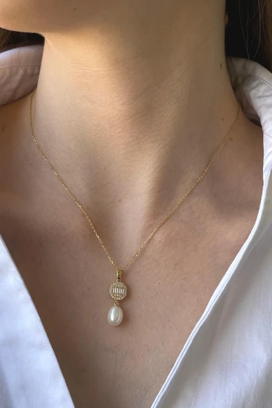 9,5 mm Baget Sekizgen Doğal İncili Sallantı Küpe Kolye İkili Set - 2