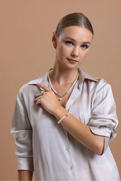 6,5 mm Zirkon Taşlı Doğal İnci Kolye - Resim 3